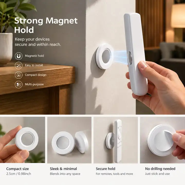 Magnetic remote control wall holder: strong magnet hold, easy stick-on install, 2.5cm compact size