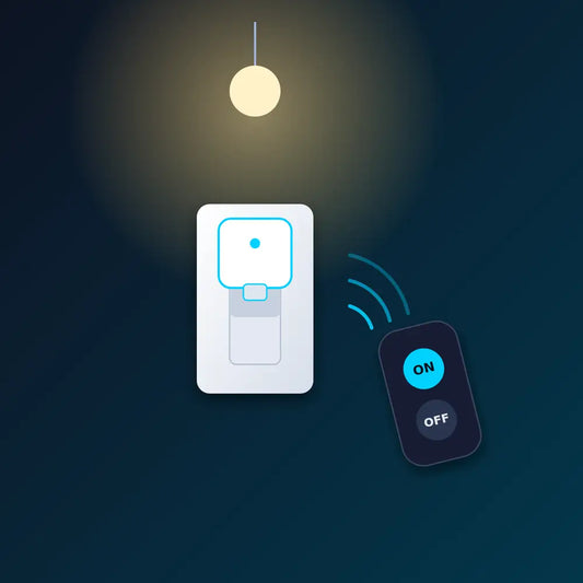 Wireless button pusher mounted on a wall light switch with remote control